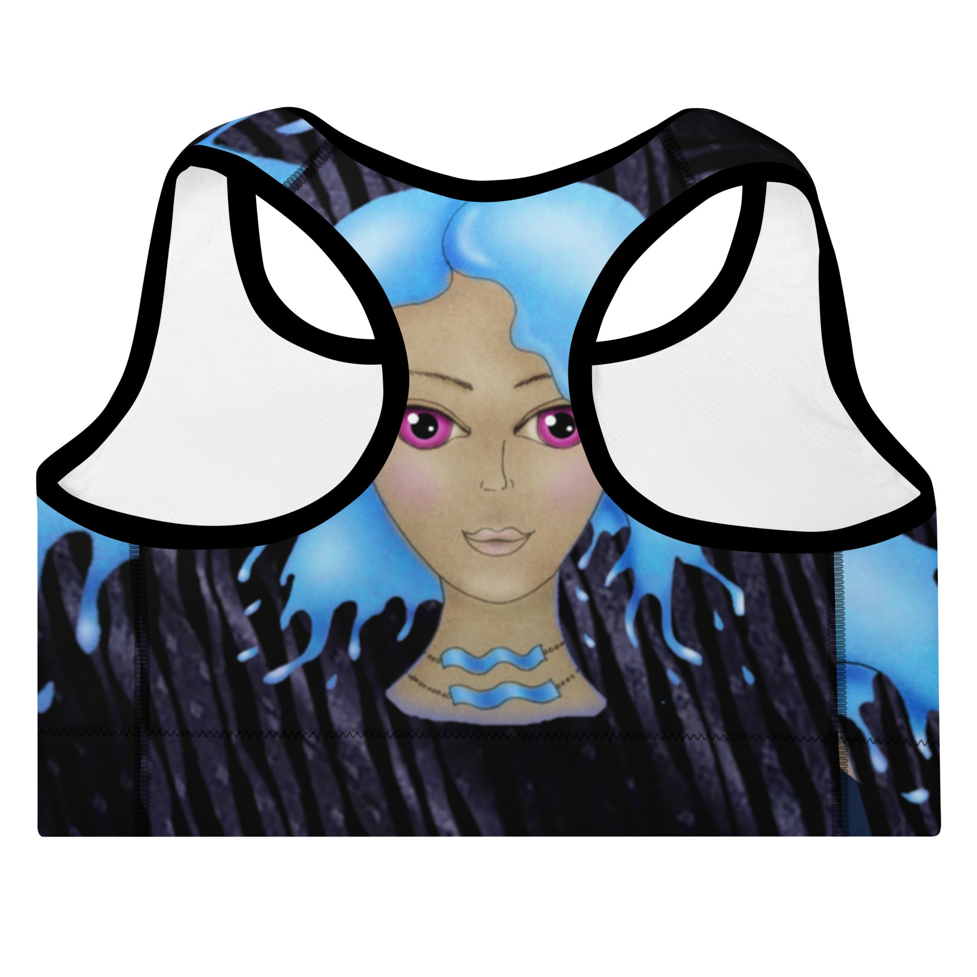 Black Sports Bra. Gym Top for Women. Workout Wear for Aquarians. "Cosmic Aqua" by WickedYo.